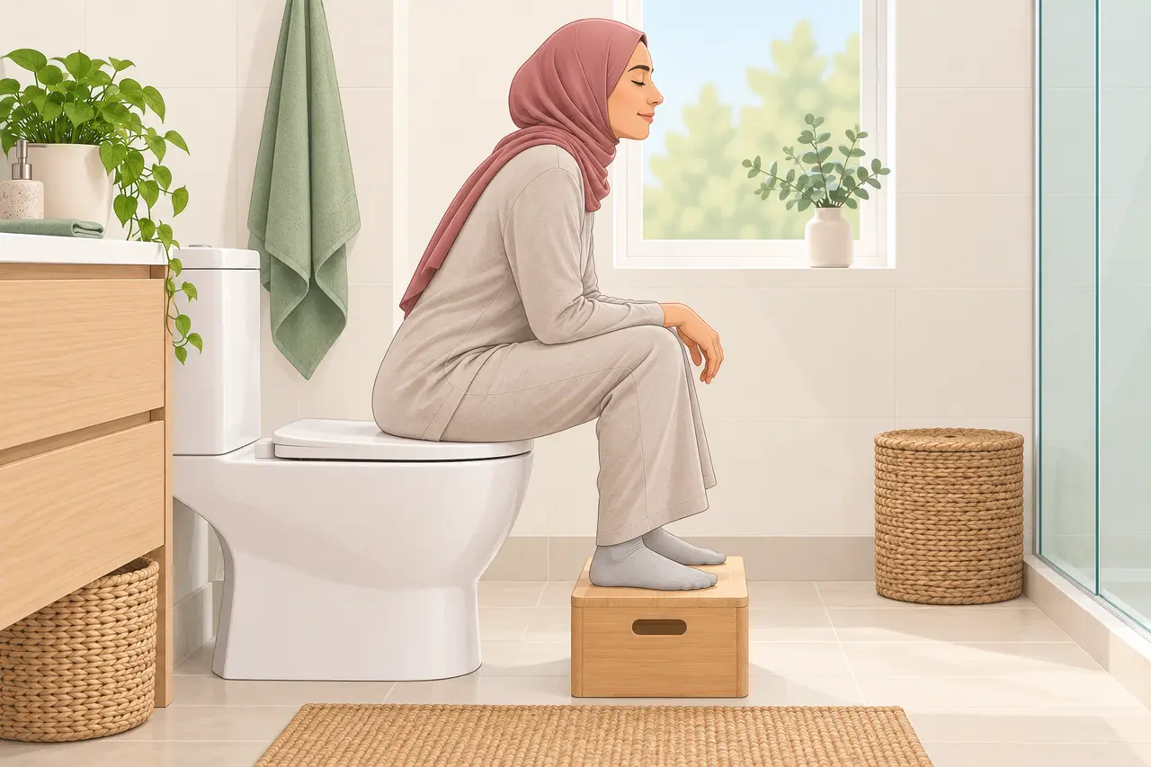 وضعية جلوس مستقرة على المرحاض مع مسند قدم وميل مريح للأمام